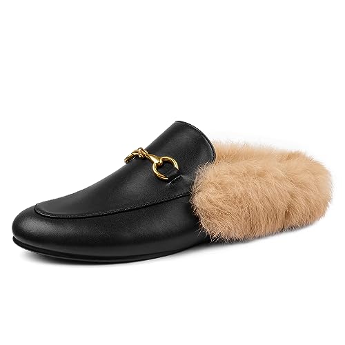 Comfity Mules for Women, Low Heel Flats Backless Slip On Fur Loafers Comfortable Flat Slides Work Shoes Black Fur 9 US
