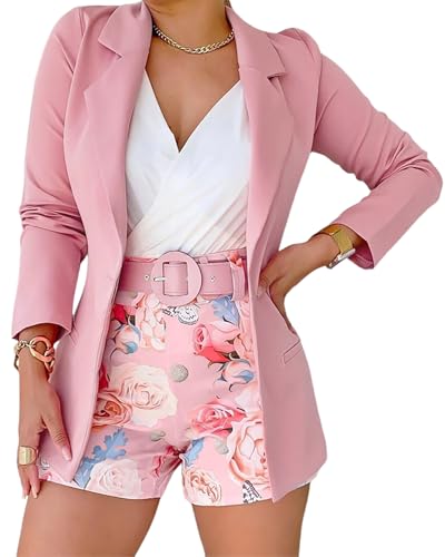 ChicMe Womens 2 Piece Blazer Set Open Front Blazer Coat with Floral Print Shorts Summer Suits Set 2025-pi-S