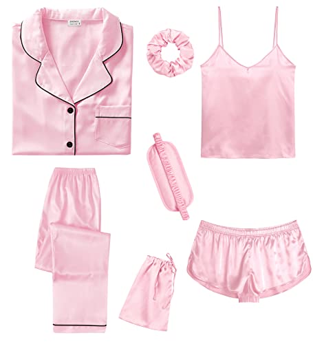 SWOMOG Womens Silk Satin Pajamas Sets 7pcs Sleepwear Sexy Cami Shorts Set and Button Down Short Sleeve Satin Pjs Pink Small