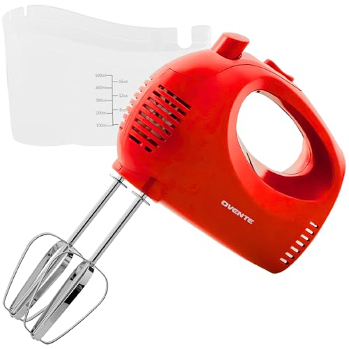 OVENTE 5-Speed Electric Hand Mixer with Stainless Steel Mixing Whisk, Snap-On Storage Case, Portable & Lightweight 150W Motor, Compact Handheld Mixer for Baking, Blending or Cooking, Red HM151R