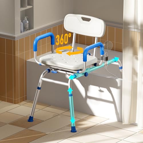 Bluelog FSA/HSA Eligible Sliding Shower Chair with Extra-Wide 360° Swivel Seat, 330lbs Tub Transfer Bench, Non-Slip & Padded Arms, Adjustable Height for Elderly & Disabled Inside Shower, Rectangular