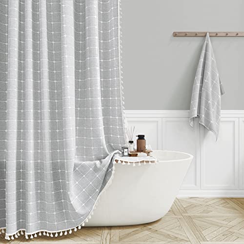 BTTN Extra Long Shower Curtain, 72x84 Inch Long Boho Chic Tassel Linen Fabric Shower Curtain Set with Hooks, Tall Modern Farmhouse Elegant Weighted Thick Cloth Shower Curtains for Bathroom, Gray/Grey