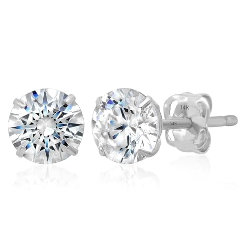 14K White Gold Stud Earrings for Women Men with CZ | Real 14K Gold Cubic Zirconia Stud Earrings with Secure Butterfly Backs | Anti-Tarnishing CZ Earring Size 6.5MM by MAX + STONE