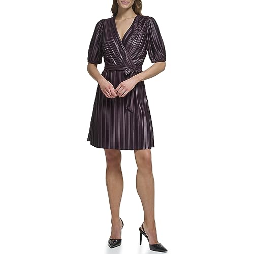 DKNY Women's Pleated Faux Wrap Dress, Aubergine, 10