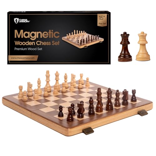 15 Inch Magnetic Wooden Chess Set for Adults & Kids - Folding Travel Chess Board with Handcrafted Staunton Pieces, Extra Queens, and Storage Slots