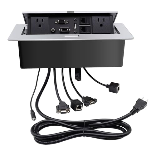 Pop up Power Strip,Pop Up Outlet, 2 AC Outlet 6.5FT 16AWG Power 1875W UL Cable HD MI USB VGA Network Cable Embedded Outlet for Office Home -Silvery