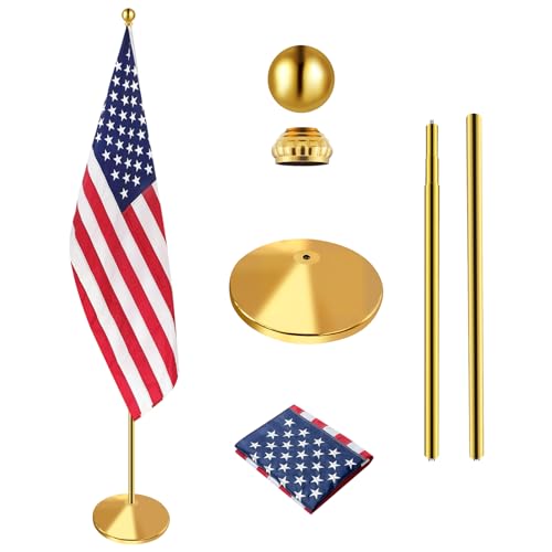 WJTQTBT Indoor Flag Pole Kit with Weighted & Thickened Base 6-8FT,Aluminum Commercial Indoor Flagpole for Office School City Hall,Heavy Duty Indoor Telescoping Flag Pole,Golden 1 Pack