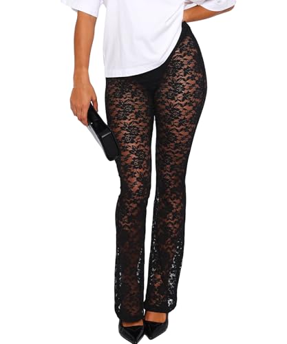 Women Lace Pants Leggings Sexy Sheer Mesh Rave Pants Wide Leg Bell Bottom Cover Up Black S