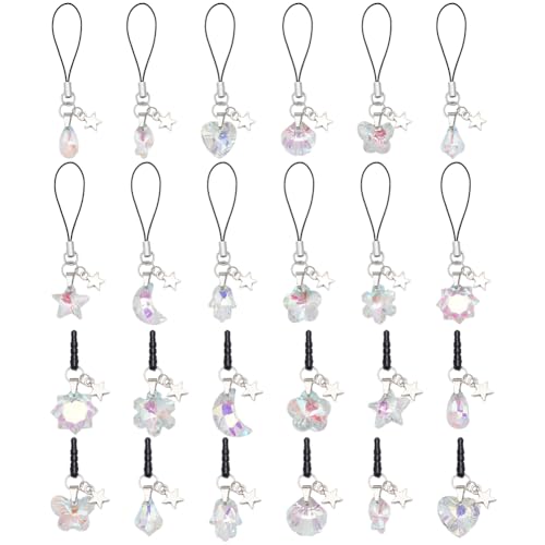 WEBEEDY 24 PCS Dust Plugs Cell Phone Charm 3.5 mm/0.1 inch Black Dust Earphone Lid Headphone Plug with AB Colored Crystal Charms and Phone Strap,Earphone Jack Accessories