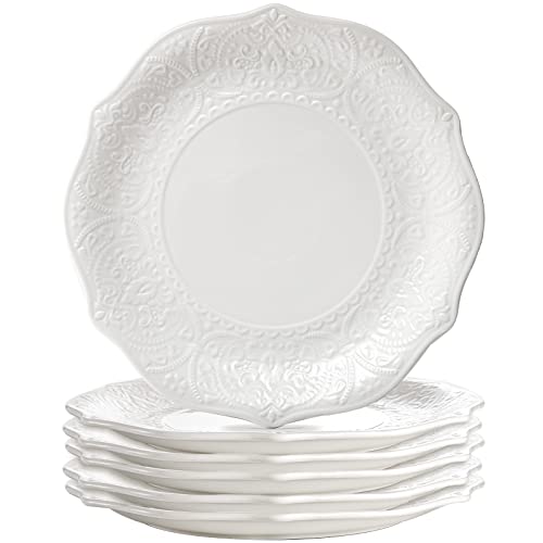 SOUJOY Set of 6 Porcelain Dinner Plate, 10.5'' White Dinner Dish, Embossed Printing Dinnerware Plate for Dinner, Restaurant, Family Party and Kitchen, Microwave, Dishwasher Safe