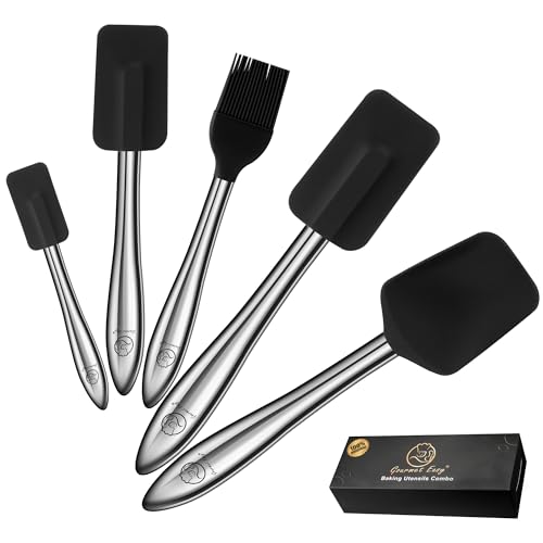 5pcs Silicone Spatula Set with Stainless Steel Handle, Silicone Spatulas for Cooking & Baking with Spoonula & Silicone Brush Heat Resistant, Silicone Kitchen Spatula for Nonstick Cookware (Black)