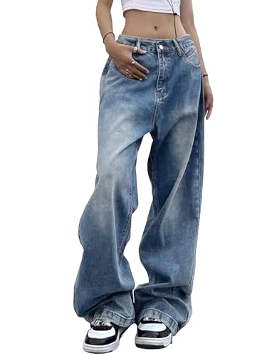 EMMIOL Women Baggy Jeans for Women Trendy Mid-Low Waisted Denim Pants 90s Wide Leg Jeans Trouser with Pockets Blue