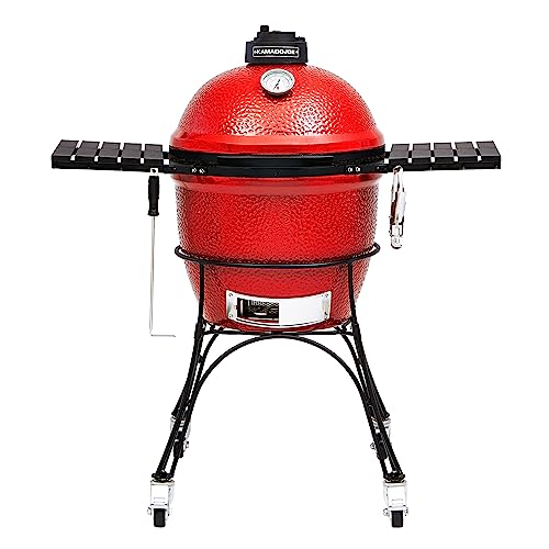 Kamado Joe® Classic Joe™ I Premium 18-inch Ceramic Charcoal Grill and Smoker in Red with Cart, Side Shelves, Grill Gripper, and Ash Tool. 250 Cooking Square Inches, 2 Tier Cooking System, Model KJ23RH