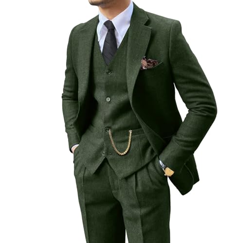 Retro 3 Piece Suit Tweed Herringbone Men's Suits Slim Fit Groom Tuxedos Set Prom Brown Grey Jacket Blazer Vest Pants Green S