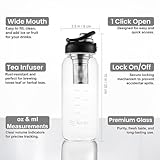 Glass Water Bottles with Stainless Tea Infuser 32oz, BPA-Free, Wide Mouth, Leakproof, Protective Sleeve, Borosilicate Glass for Tea and Fruit Infusions, Durable Travel Companion, Reusable Bottle