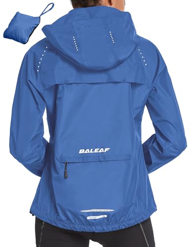 baleaf Women's Running Rain Jackets Waterproof Hooded Windbreaker Packable Lightweight Cycling Jacket Reflective Dark Blue L
