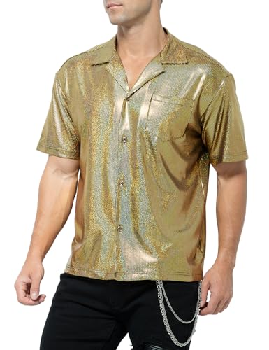 Casey Kevin Men's Short Sleeve Collared Metallic Shirts Button Down Reflective Sequin Rave Outfit Holographic Disco Top,A1-GOLD-CK3406,Large