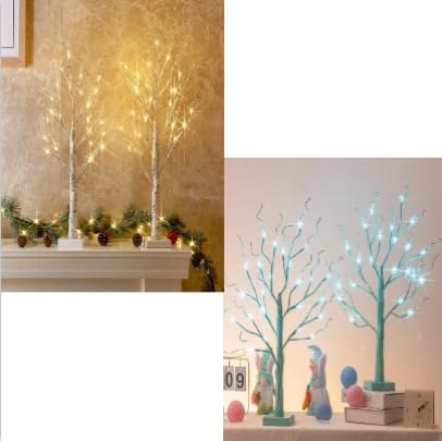 PEIDUO Daily Home Decoration, 2PK Birch Tree and Blue-Green Trees for Decor, Fairy Light Spirit Tree for Christmas Decorations Home Indoor, Battery Powered, Timer