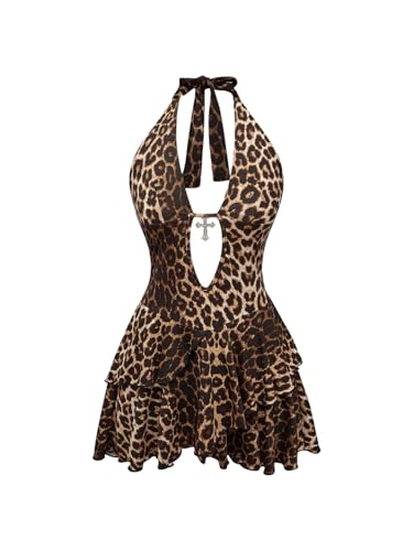 SOLY HUX Women's Leopard Print Halter Dress Y2k Gothic Deep V Neck Layered Ruffle Mini Dresses Brown Leopard Small