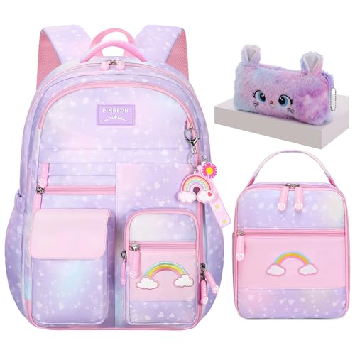 Jcobvig 3Pcs Kids Backpack For Girls,Cute Rainbow Student School Backpack With Lunch Bag Pen Bag Set (Purple Medium 16.5in