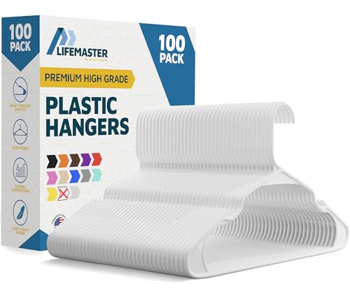 Lifemaster Plastic Clothes Hanger Set - 100 Pieces Versatile, Lightweight, Space-Saving, Non-Slip, Slim Designed, Dry and Wet Clothes Hanger Set - White