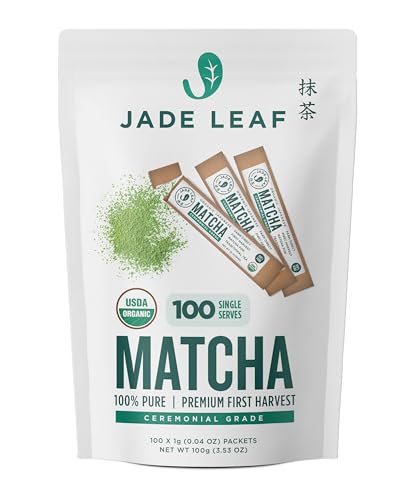 Jade Leaf Matcha Organic Ceremonial Grade Green Tea Powder - Bulk Matcha Single Serve Stick Packs - Authentic Japanese Origin (100 Count Single Serve Stick Pack Box)