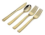 Perfect Settings 300 Pieces Gold Plastic Cutlery Set - Gold Metallic Plastic Silverware with a Hammered Finish - Tableware Set (75 Plastic Spoons, 75 Plastic Knives, 150 Plastic Forks)