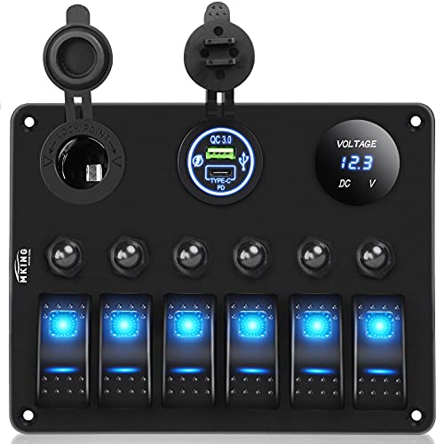 MKING 6 Gang Marine Switch Panel - Waterproof Rocker Switches with USB & Type-C Charger, Circuit Breaker, Digital Voltmeter, and Power Socket, Compatible with 12V-24V Vehicles