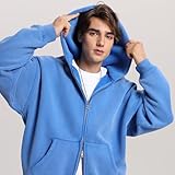 FAIABLE Mens Womens Double Zip Up Hoodie Oversized Acid Wash Hoodies Heavyweight Fleece Cotton Zipper Hoodie Vintage Y2k Full Zipup Hoodie Couples Streetwear Bright Blue