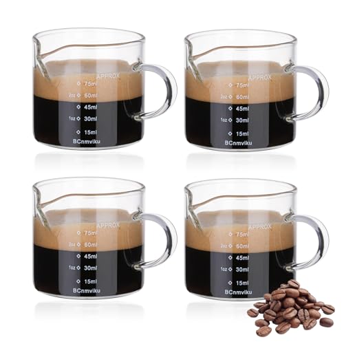 BCnmviku 4 PACK Espresso Glass Measuring Cup Triple Pitcher Milk Cup 75ML Espresso Cups with Handle Shot Glass with V-Shaped Mouth Clear Accessories Milk Frothing Pitcher (4)