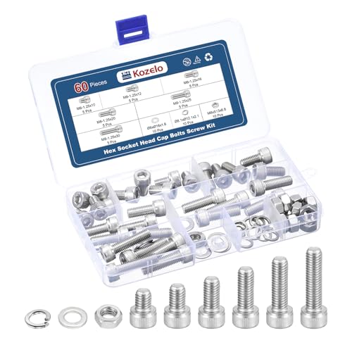 Kozelo 60pcs M8 Socket Head Cap Screws Bolts Nuts Assortment Kit - [M8x10/12/16/20/25/30mm] 304 Stainless Steel Allen Socket Drive for 3D Printer