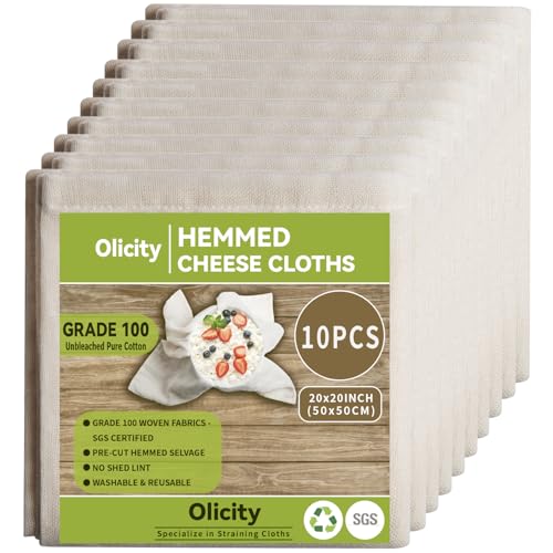 Olicity Cheesecloth Bulk, 10PCS, Grade 100, 20x20Inch Hemmed Cheese Cloths Fabric Reusable Fine Mesh Cloth,100% Cotton Unbleached Precut Muslin Bulk Cheesecloth Roll for Straining, Cooking, Yogurt