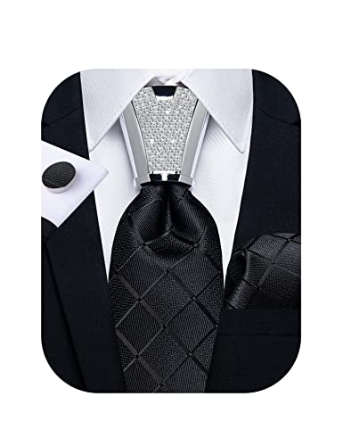 DiBanGu Silk Men Ties Black Plaid Necktie Pocket Square Cufflinks and Tie Accessories Set for Wedding Party Prom