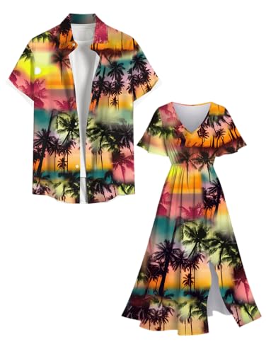 Rosegal Matchable Couple Hawaiian Coconut Tree Print Shirt or Plus Size Midi Split A Line Dress(Women/Yellow/1X)