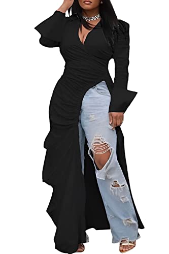 Women's Deep V Neck Ruched Long Sleeve Side Split High Low Irregular Hem Top Tunic Blouse Long Shirt Dress 3X-Large Black