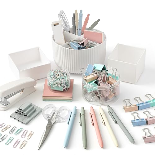 Kosiz Aesthetic Desk Organizers and Accessories Set 360-degree Rotating Pen Holder Desk Holder Morandi Pen Sticky Notes Stapler Binder/paper Clips Scissor Staples Aesthetic Accessories for Women Men