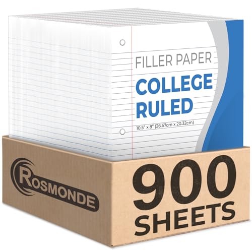 Rosmonde Loose Leaf Paper, 900 Sheets, 6 Pack, College Ruled, 8" x 10.5", 56 gsm Bulk Office Filler Paper, 3 Hole Punched, 150 Sheets/Pack, College Ruled Paper for 3 Ring Binder, Notebook Paper, White