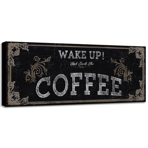 Vintage Wake Up and Smell the Coffee Bar Sign - Wall Decor Plaque for Kitchen, Cafe, Pub, Home Coffee Station - Farmhouse Framed Artwork 6x17
