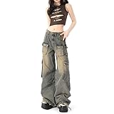 Hugboom Baggy Cargo Pants for Women Girls Retro Low Rise Wide Leg Jeans Y2k Hip Hop Streetwear Grunge Clothes Blue(M)