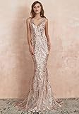 Ikerenwedding Women's V-Neck Sequins Sleeveless Lace-up Mermaid Evening Dress Champagne US8