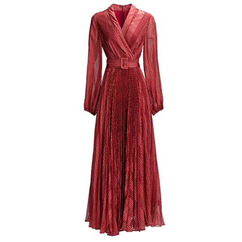 Autumn Women V Neck Lantern Sleeve Sashes Red Printed Holiday Elegant Pleated Dresses Red L