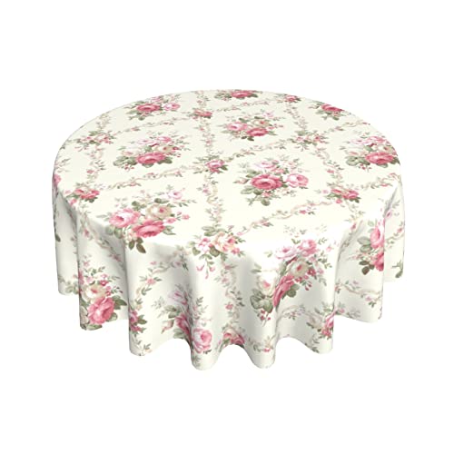 Sweetshow Pink Vintage Rose Flower Tablecloth Spring Summer Floral Round Tablecloth 60 Inch Spring Table Cloth for Holiday Parties Dining Table Living Room Kitchen Decor