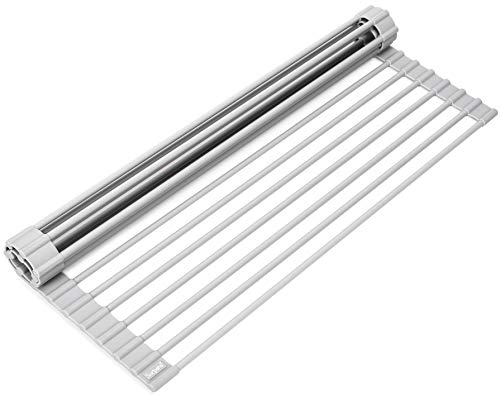 Surpahs Over Sink Foldable Multipurpose Roll-Up Dish Drying Rack, Silicone Wrapped Stainless Steel, Warm Gray, 17.5" x 13.1"