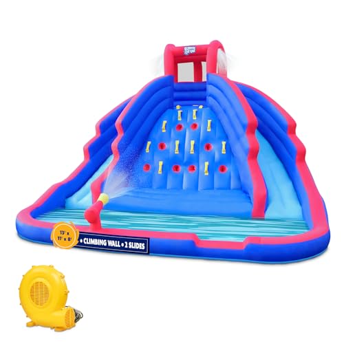 Sunny & Fun Ultra Climber Inflatable Water Slide Park – Heavy-Duty for Outdoor Fun - Climbing Wall, Two Slides & Splash Pool – Easy to Set Up & Inflate with Included Air Pump & Carrying Case