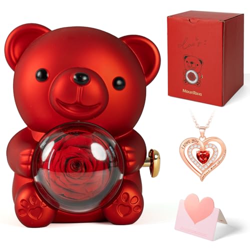 mountova Romantic Teddy Bear with Preserved Rose and Necklace, Real Rose in Elegant Gift Box for Women, Bear Roses Gifts for Valentine's Day,Weddings,Mother's Day,Anniversary,Birthday,Christmas, Red