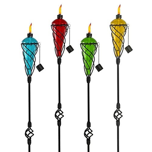 Westcharm 4 Pack 60 Inch Assorted Color Glass Garden Torch Light with Swirling Metal Ground Pole - Burning Citronella Torch Fuel | Outdoor Lighting for Party Patio Pathway Garden Garden Décor