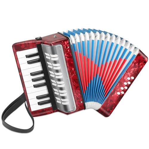 Lotkey 17 Key Piano Accordion, 8 Bass Kids Accordion, Celluloid Body, Metal Cover Accordions Louder Clearer Timbre Than Plastic, Lightweight Design for Children, Beginners to Practice (Red)