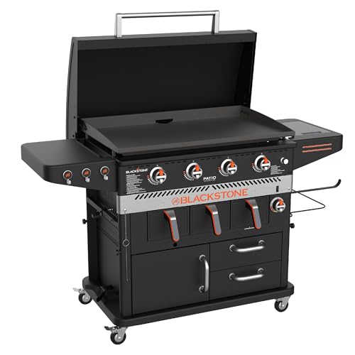 Blackstone 1923 Air Fryer Combo & Four Burners Stainless Steel Gas Hood, Wheels, Two Side Shelf – Heavy Duty Outdoor Griddle Station for Backyard, Patio, 36 inch Black