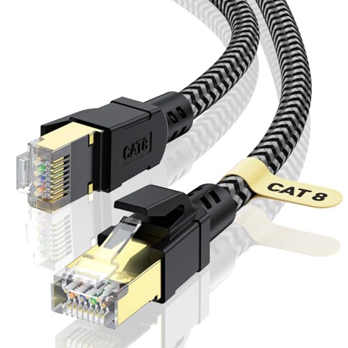 CABNEER Cat 8 Ethernet Cable 25FT, High-Speed Braided Internet Cable Network Cord with Gold Plated RJ45 Connector 40Gbps 2000Mhz Heavy Duty LAN Cable Shielded Indoor