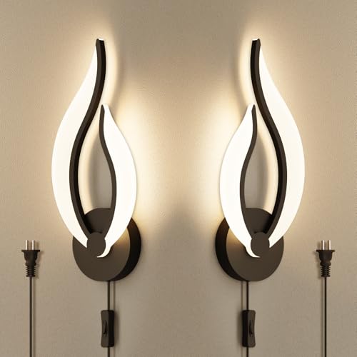 Pasoar Modern LED Wall Lamps for Bedrooms Set of 2 Black Plug in Wall Light Fixtures 3000K 10Watt Wall Mounted Bedside Lamps 110V AC